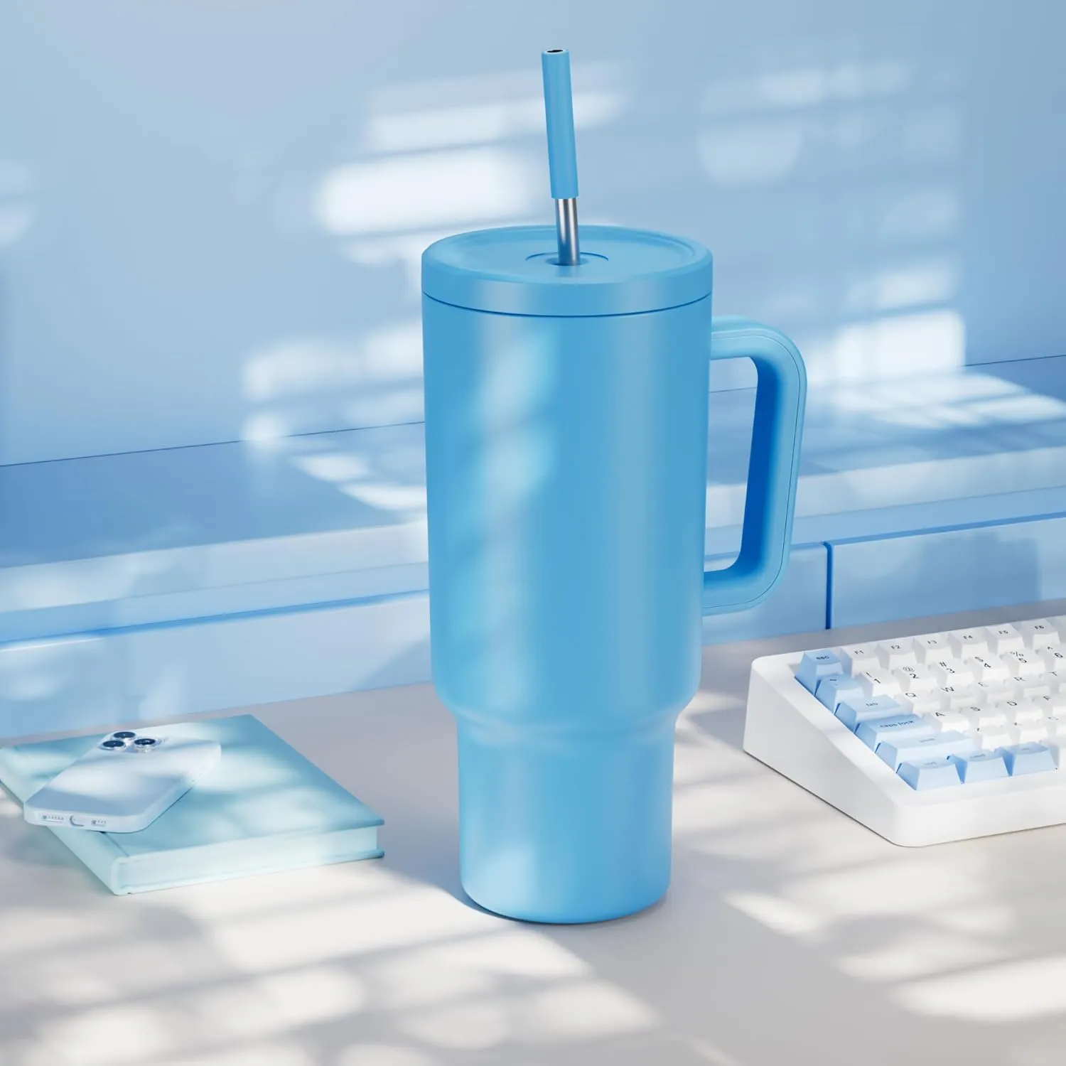 Meoky 40 oz Tumbler with Handle and Straw: Stainless Steel Insulated Tumbler with Lid and Straw - 100% Leak Proof Tumbler for Car Cup Holders - Travelers Commuters Workers, Blue