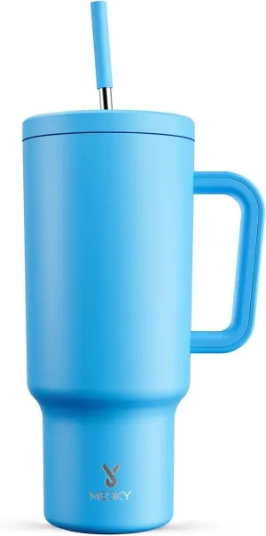 Meoky 40 oz Tumbler with Handle and Straw: Stainless Steel Insulated Tumbler with Lid and Straw - 100% Leak Proof Tumbler for Car Cup Holders - Travelers Commuters Workers, Blue