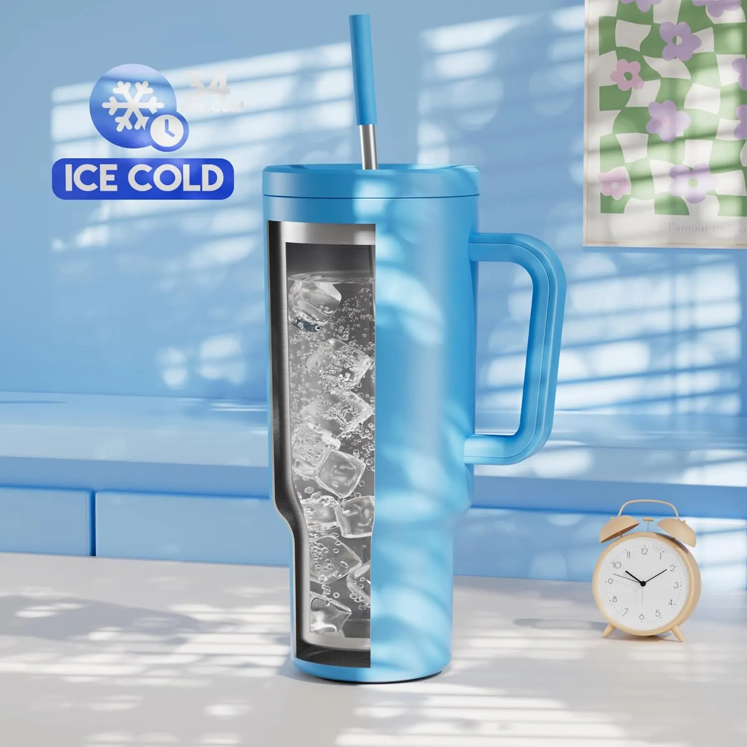Meoky 40 oz Tumbler with Handle and Straw: Stainless Steel Insulated Tumbler with Lid and Straw - 100% Leak Proof Tumbler for Car Cup Holders - Travelers Commuters Workers, Blue