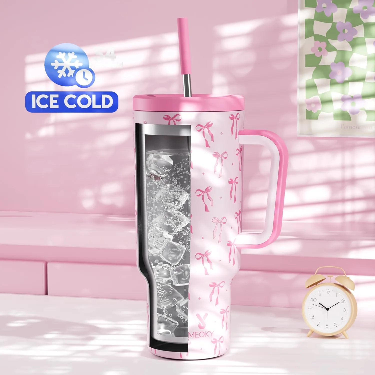 Meoky 40 oz Tumbler with Handle and Straw: Stainless Steel Insulated Tumbler with Lid and Straw - 100% Leak Proof Tumbler for Car Cup Holders - Travelers Commuters Workers, Bow