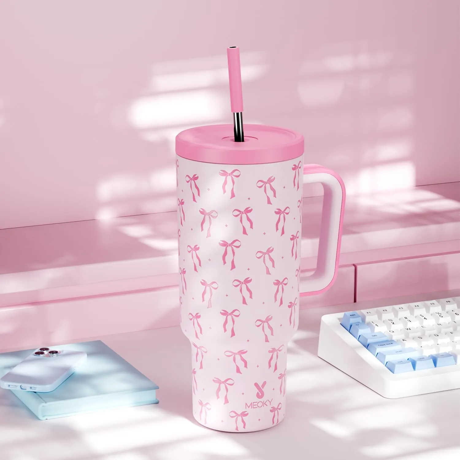 Meoky 40 oz Tumbler with Handle and Straw: Stainless Steel Insulated Tumbler with Lid and Straw - 100% Leak Proof Tumbler for Car Cup Holders - Travelers Commuters Workers, Bow