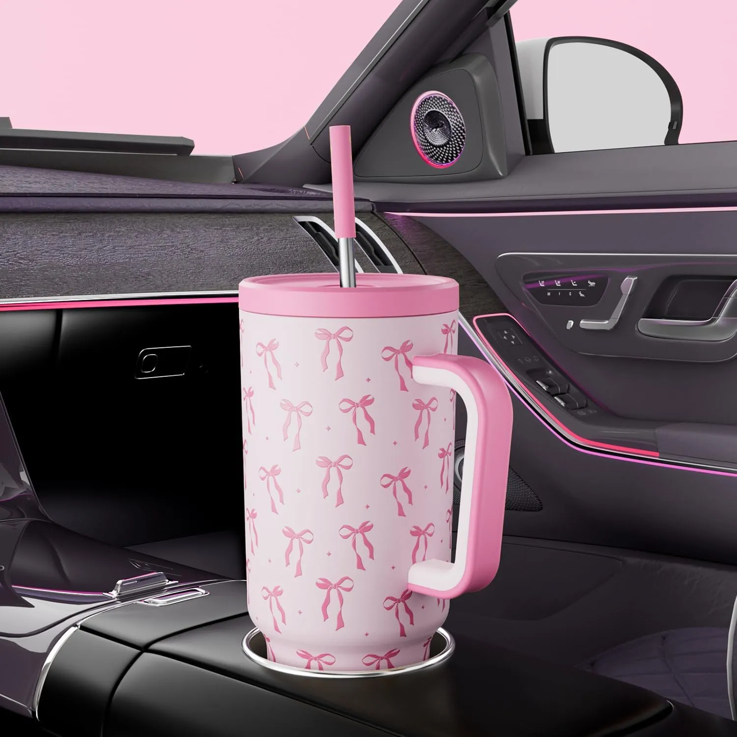 Meoky 40 oz Tumbler with Handle and Straw: Stainless Steel Insulated Tumbler with Lid and Straw - 100% Leak Proof Tumbler for Car Cup Holders - Travelers Commuters Workers, Bow