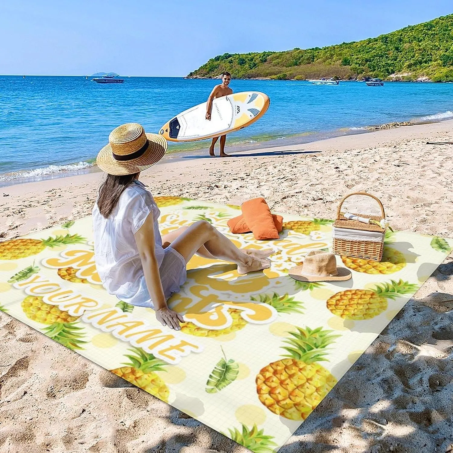 Mercuryelf Picnic Blankets Waterproof Foldable - Personalized Yellow Beach Blanket for Camping & Travel - 87x79 Inches Beach Mat Sand Free Waterproof with Stakes & Sand Pocket