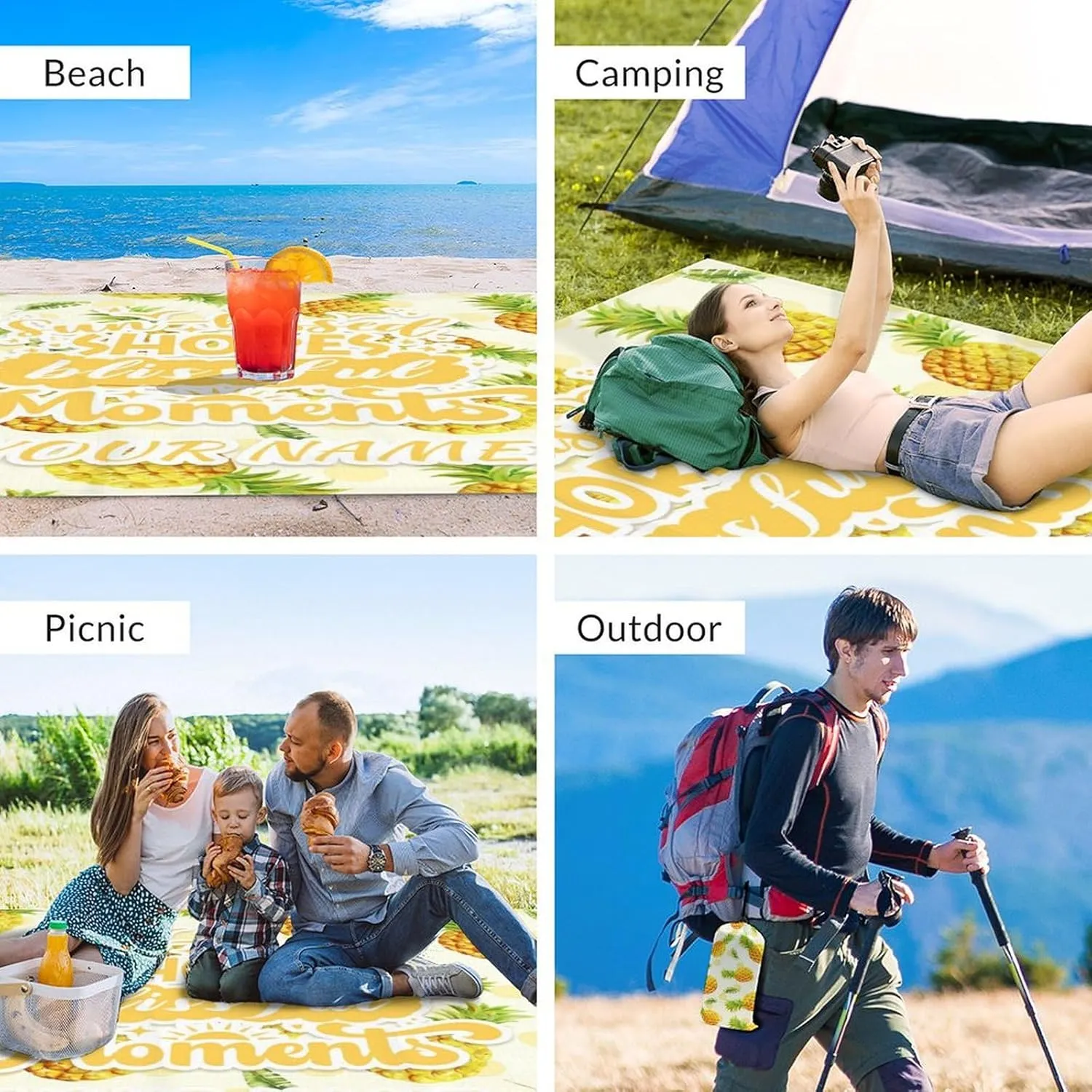 Mercuryelf Picnic Blankets Waterproof Foldable - Personalized Yellow Beach Blanket for Camping & Travel - 87x79 Inches Beach Mat Sand Free Waterproof with Stakes & Sand Pocket
