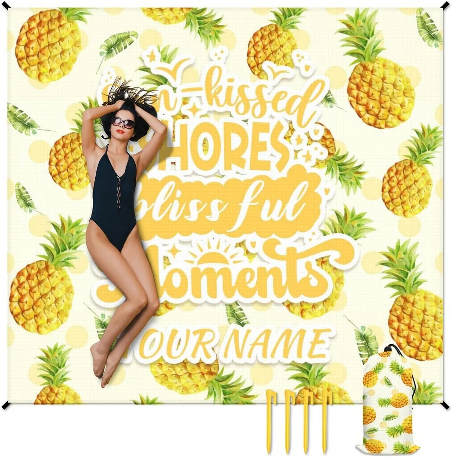 Mercuryelf Picnic Blankets Waterproof Foldable - Personalized Yellow Beach Blanket for Camping & Travel - 87x79 Inches Beach Mat Sand Free Waterproof with Stakes & Sand Pocket