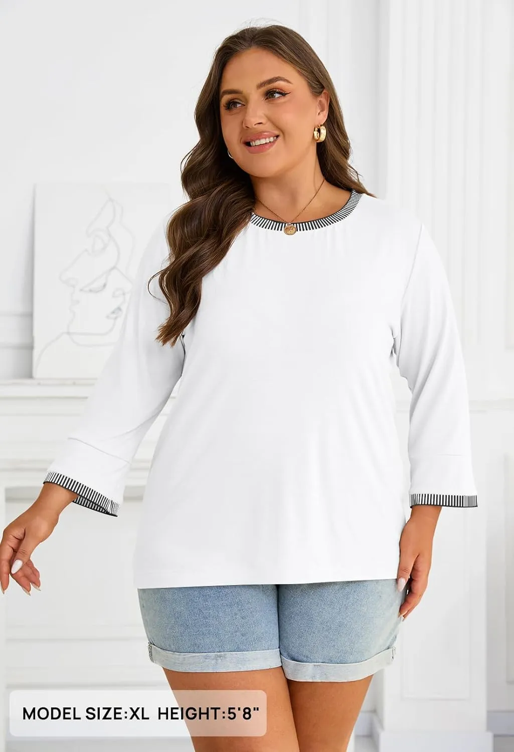 MEROKEETY Women's 3/4 Length Sleeve Tops Dressy Casual Crew Neck Loose Trendy Spring Blouses T Shirts