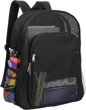 Mesh Backpack, See Through transparent Mesh Bookbag, Heavy Duty Net Backpack for School, Beach, Swimming, Sports, Work, Travel (Black)