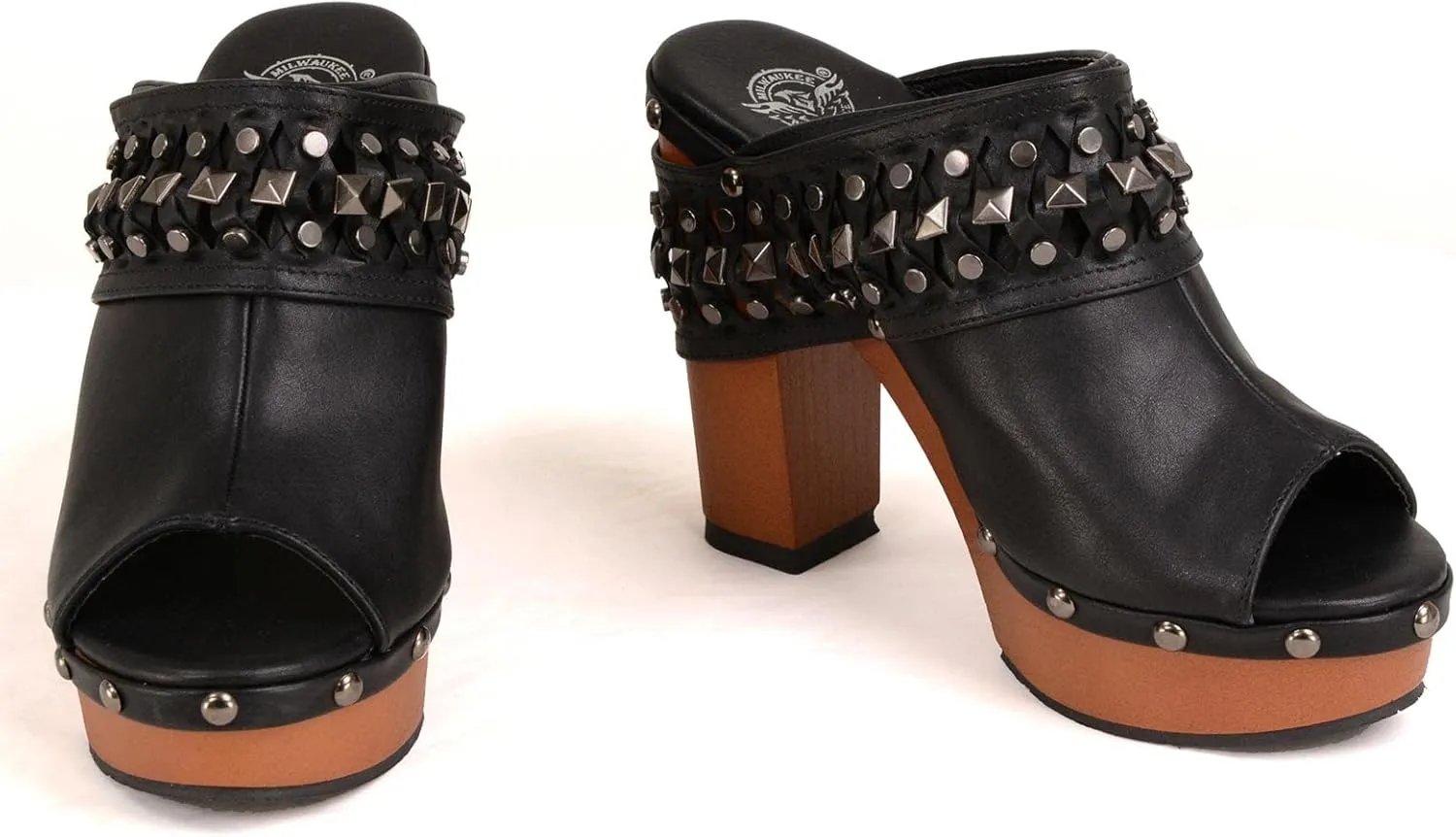 Milwaukee Leather MBL9415 Women's Black Peep-Toe Platform Fashion Casual Clog with Wrap Around Studding