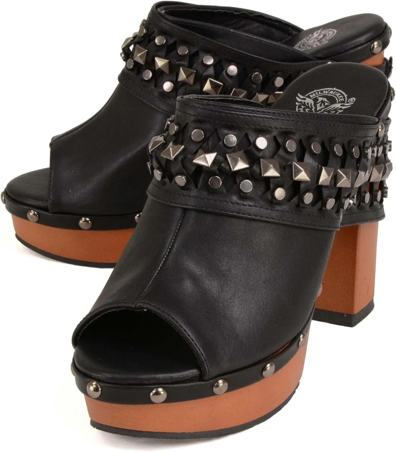 Milwaukee Leather MBL9415 Women's Black Peep-Toe Platform Fashion Casual Clog with Wrap Around Studding
