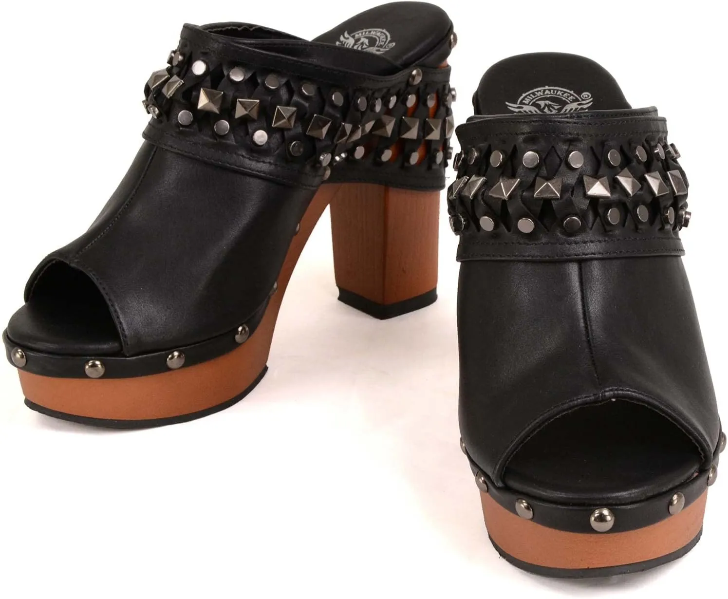 Milwaukee Leather MBL9415 Women's Black Peep-Toe Platform Fashion Casual Clog with Wrap Around Studding