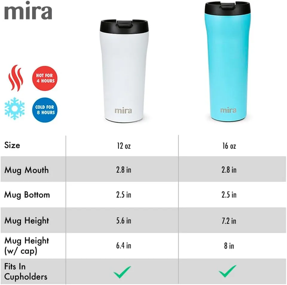 MIRA 12 oz Coffee Travel Mug - Stainless Steel Insulated Tumbler with Leak-Proof Lid - Hot & Cold Cup - Punch