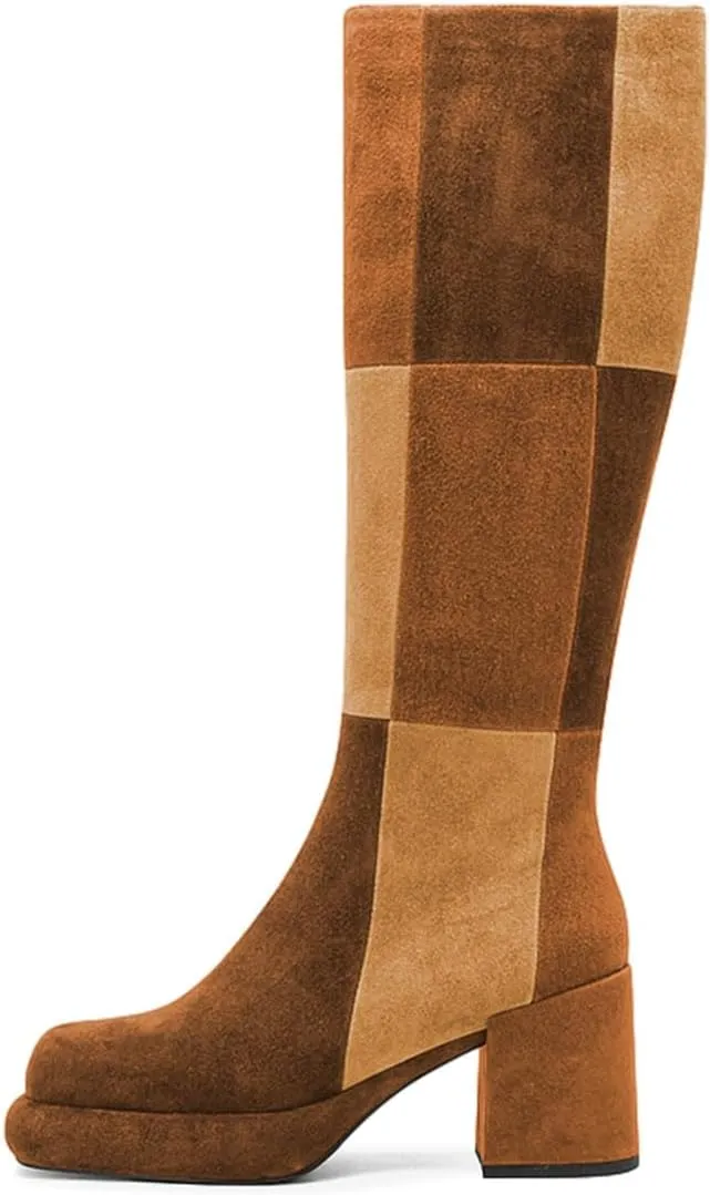 miss left Women Platform Knee High Boots Closed Round Toe Mid Chunky Heel Patchwork Winter Fall Boot Side Zip Dressy Daily Casual Party Walking Shoes Size 4-16 US