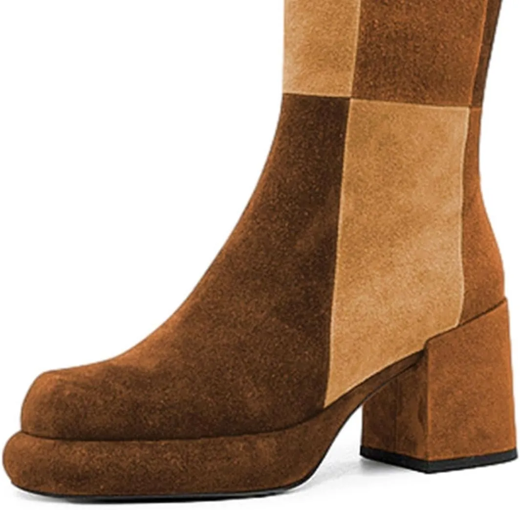miss left Women Platform Knee High Boots Closed Round Toe Mid Chunky Heel Patchwork Winter Fall Boot Side Zip Dressy Daily Casual Party Walking Shoes Size 4-16 US