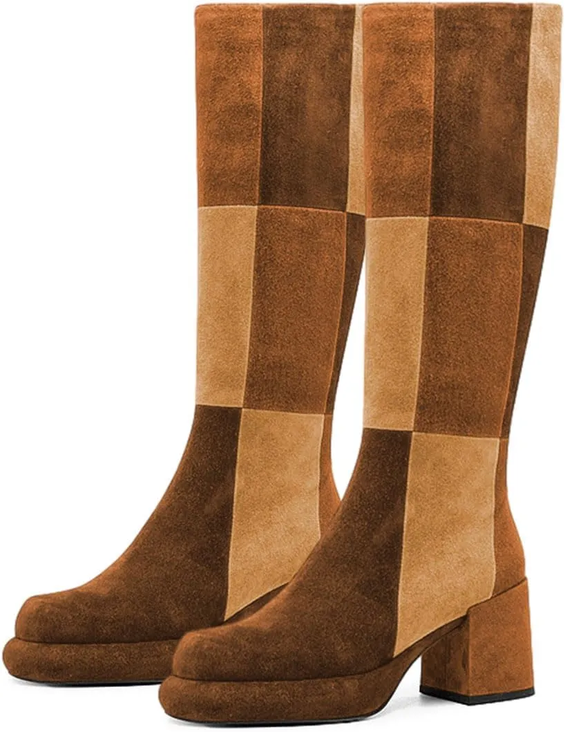 miss left Women Platform Knee High Boots Closed Round Toe Mid Chunky Heel Patchwork Winter Fall Boot Side Zip Dressy Daily Casual Party Walking Shoes Size 4-16 US