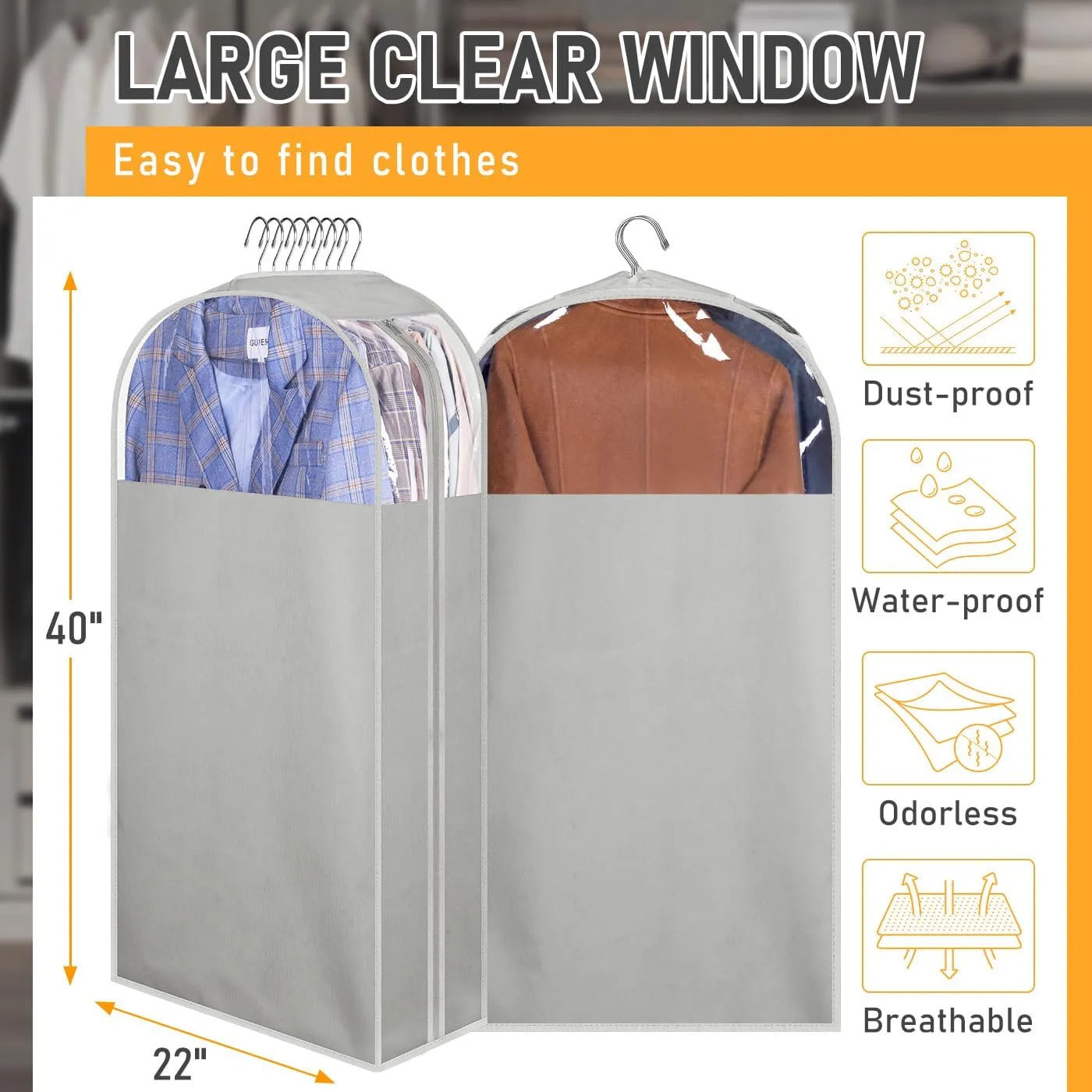 MISSLO 10" Gusseted Garment Bags for Hanging Clothes 40" Clear Suit Bags for Closet Storage Suits Cover Coat Protector, 3 Packs, Grey