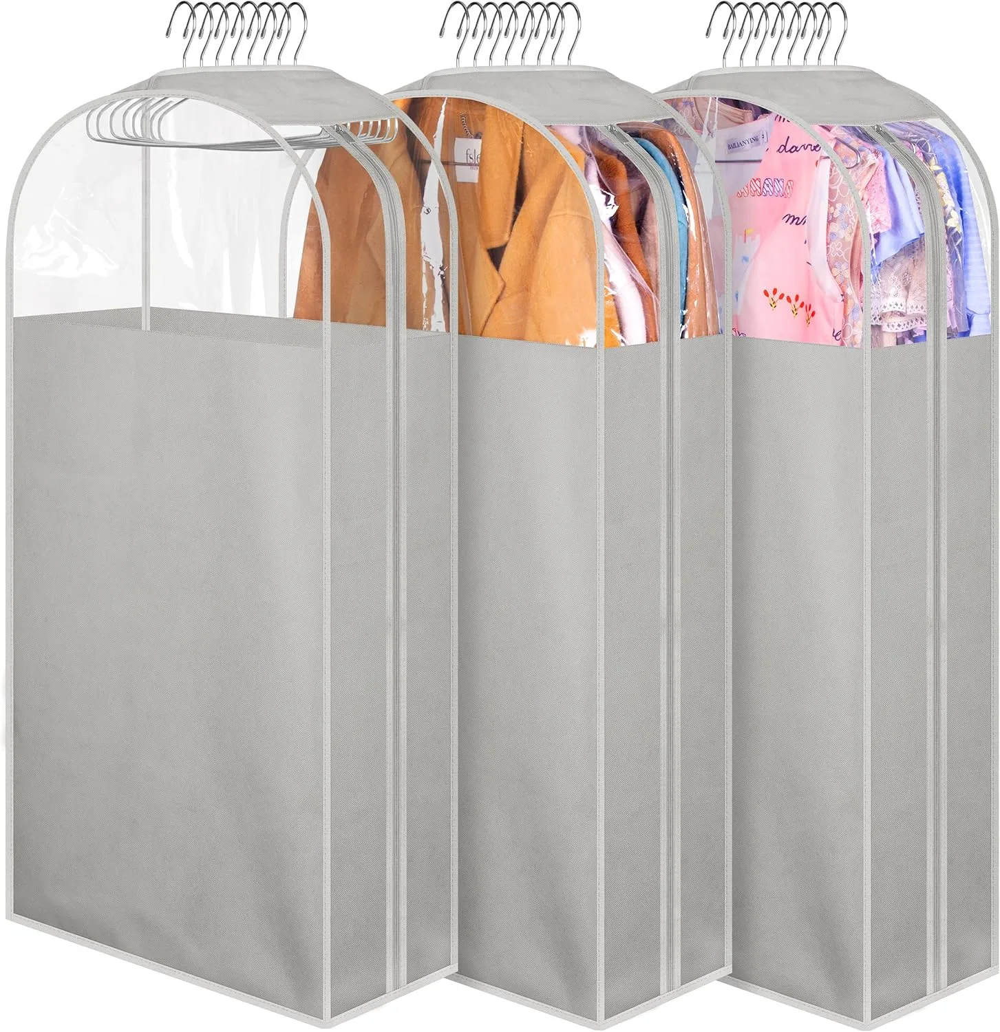 MISSLO 10" Gusseted Garment Bags for Hanging Clothes 40" Clear Suit Bags for Closet Storage Suits Cover Coat Protector, 3 Packs, Grey