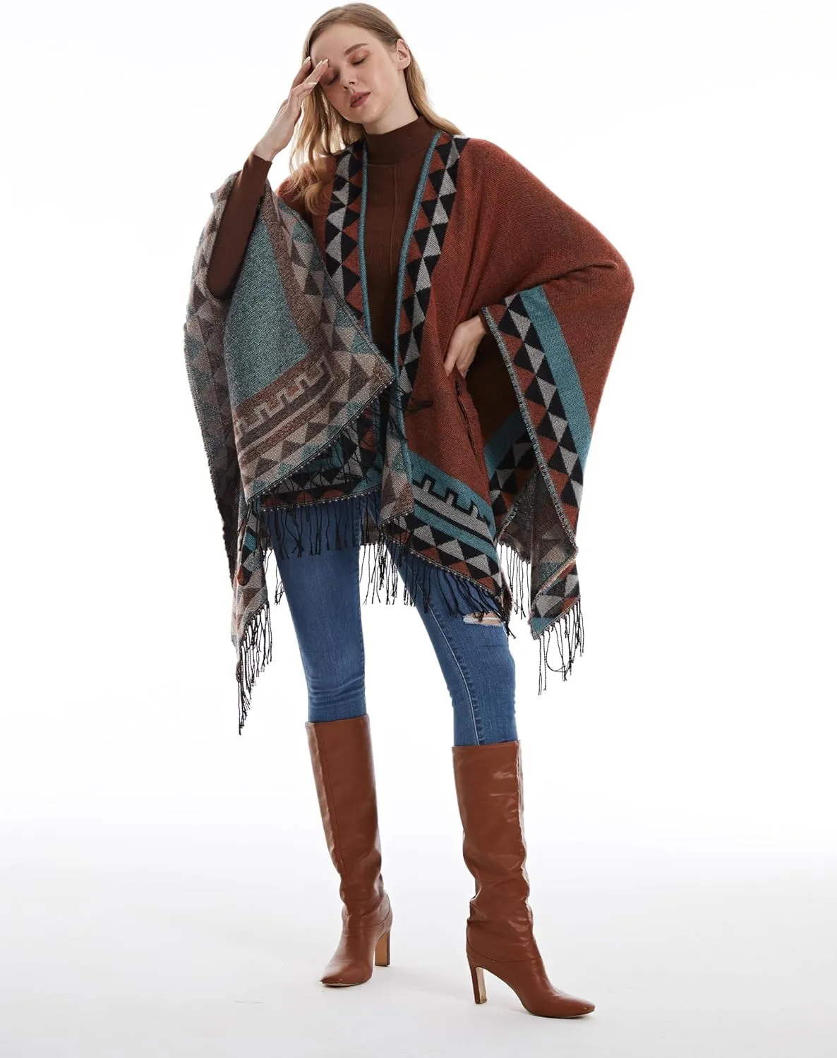 MissShorthair Women's Printed Shawl Wrap Fashionable Open Front Poncho Cape, Gift for Women