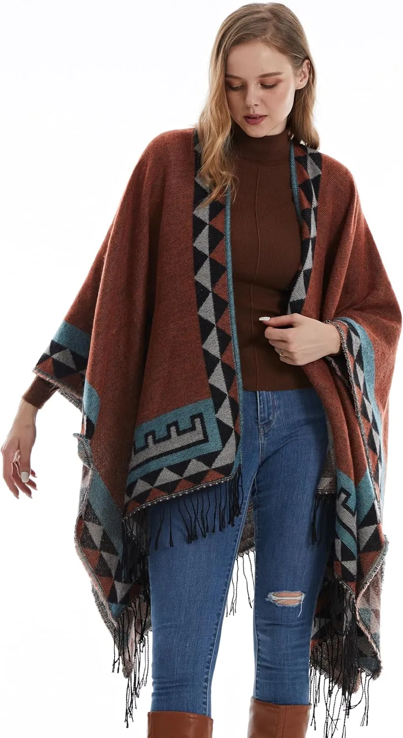 MissShorthair Women's Printed Shawl Wrap Fashionable Open Front Poncho Cape, Gift for Women