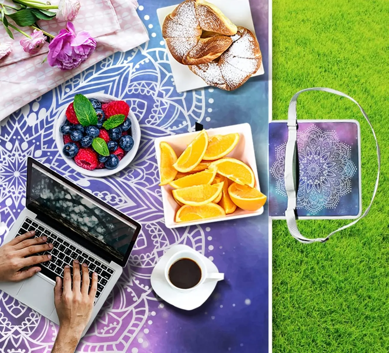 MNSRUU Picnic Blanket Waterproof Foldable, Mandala Purple Tie Dye Large Outdoor Picnic Blanket Beach Blankets Camping Blanket Travel Mat, Shoulder Strap Tote, Rectangle 57x59in