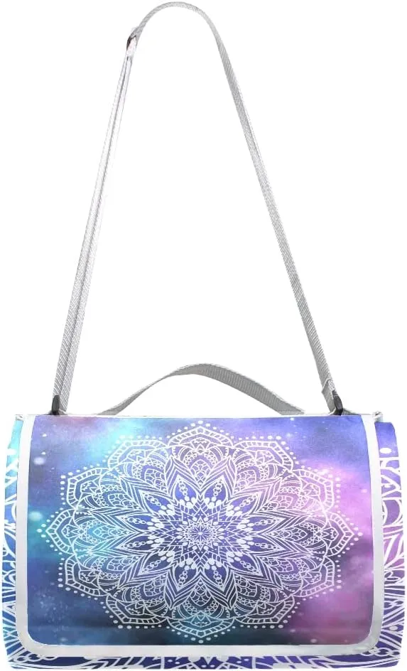 MNSRUU Picnic Blanket Waterproof Foldable, Mandala Purple Tie Dye Large Outdoor Picnic Blanket Beach Blankets Camping Blanket Travel Mat, Shoulder Strap Tote, Rectangle 57x59in