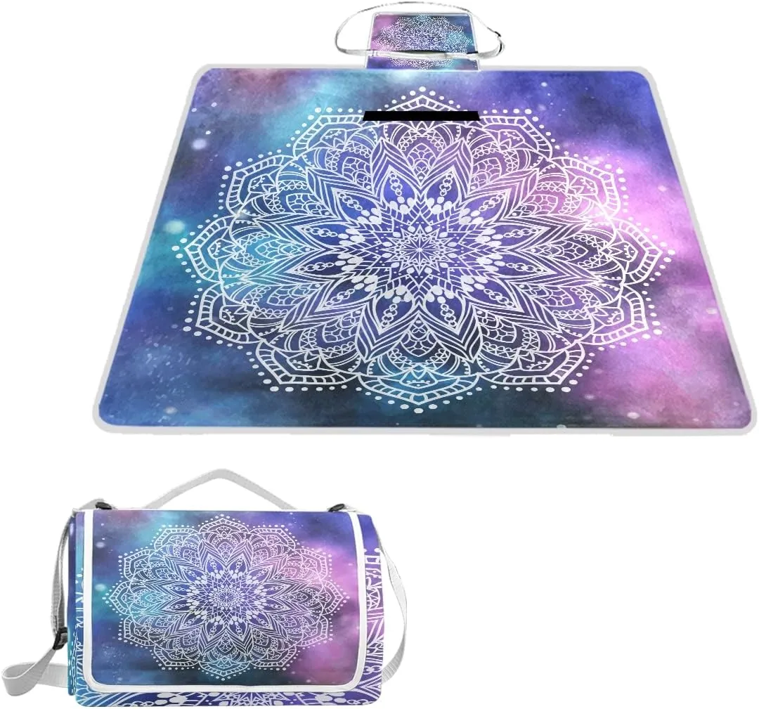 MNSRUU Picnic Blanket Waterproof Foldable, Mandala Purple Tie Dye Large Outdoor Picnic Blanket Beach Blankets Camping Blanket Travel Mat, Shoulder Strap Tote, Rectangle 57x59in