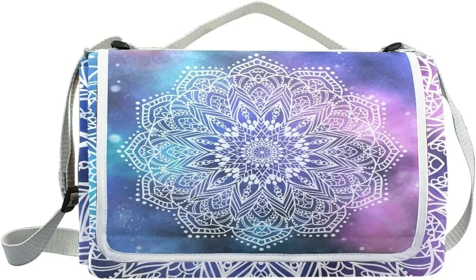 MNSRUU Picnic Blanket Waterproof Foldable, Mandala Purple Tie Dye Large Outdoor Picnic Blanket Beach Blankets Camping Blanket Travel Mat, Shoulder Strap Tote, Rectangle 57x59in