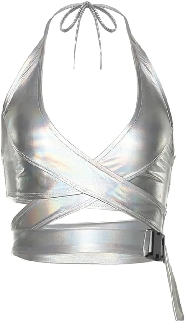 Mocure Womens Crop Tops Tank Metallic Reflective Holographic Tank Top for Rave Festival Club