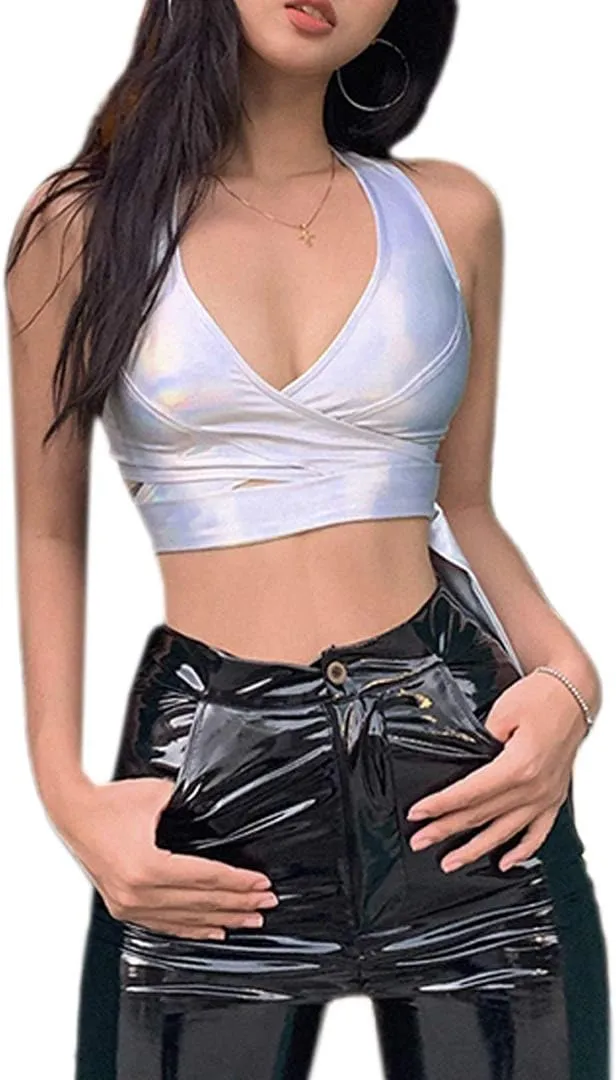 Mocure Womens Crop Tops Tank Metallic Reflective Holographic Tank Top for Rave Festival Club