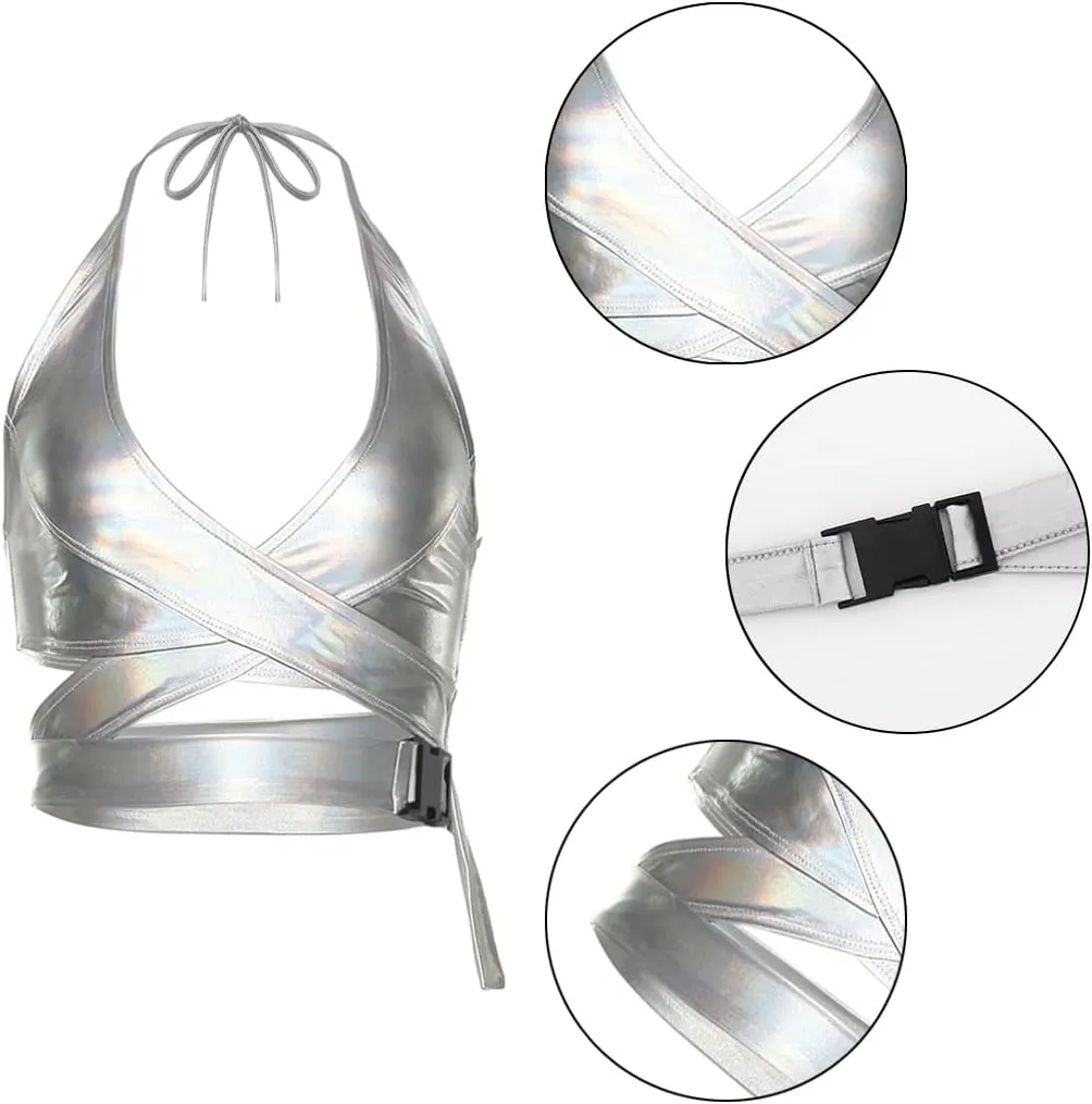 Mocure Womens Crop Tops Tank Metallic Reflective Holographic Tank Top for Rave Festival Club