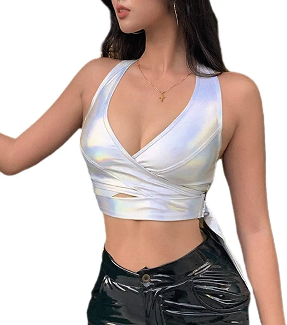 Mocure Womens Crop Tops Tank Metallic Reflective Holographic Tank Top for Rave Festival Club