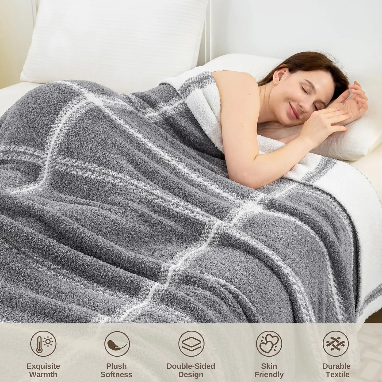Mokoya Super Soft Plaid Checkered Blanket 50"x70", Lightweight Fluffy Throw for Couch, Bed, Fuzzy Plush Double-Sided Knit Blanket, Modern Aesthetic Cozy Bed Spread, Grey, Gifts for Women, Men