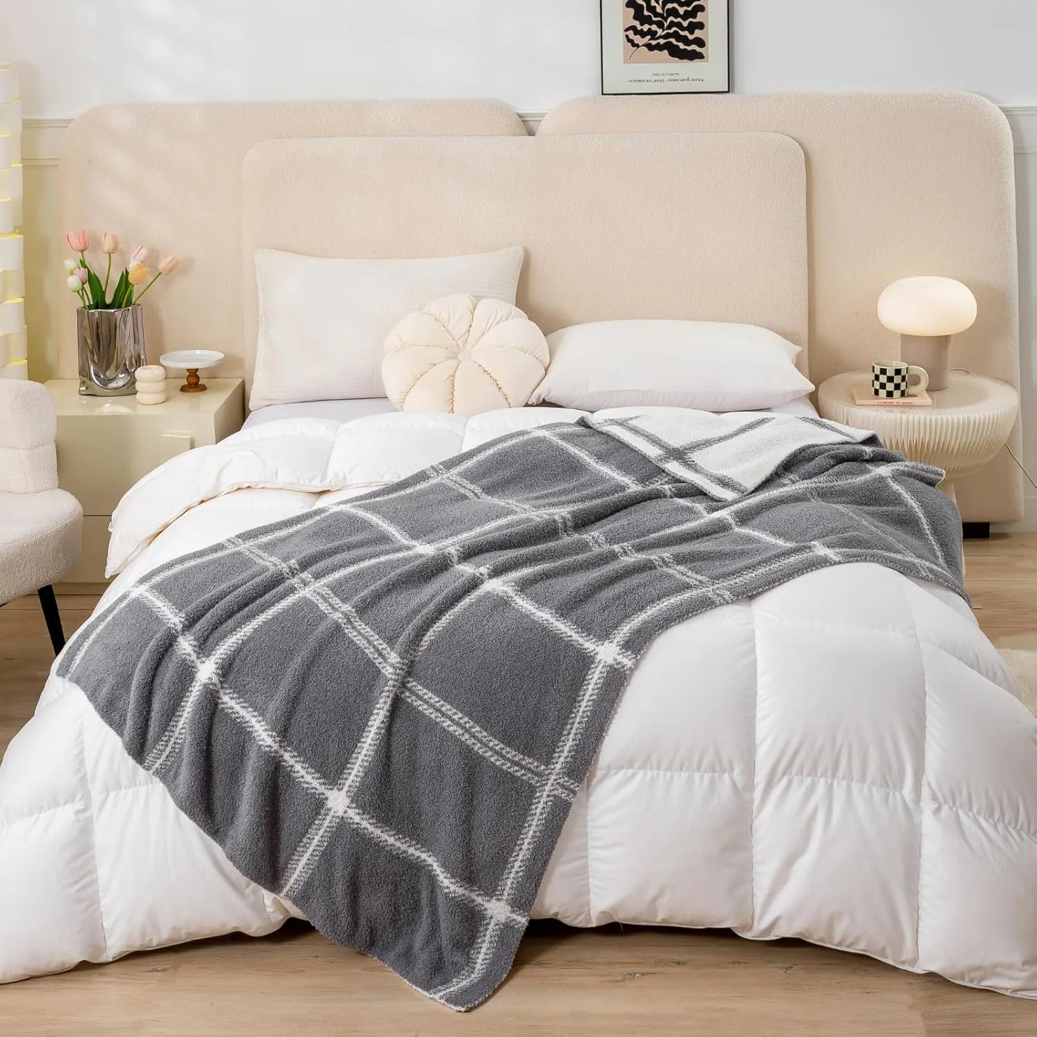 Mokoya Super Soft Plaid Checkered Blanket 50"x70", Lightweight Fluffy Throw for Couch, Bed, Fuzzy Plush Double-Sided Knit Blanket, Modern Aesthetic Cozy Bed Spread, Grey, Gifts for Women, Men