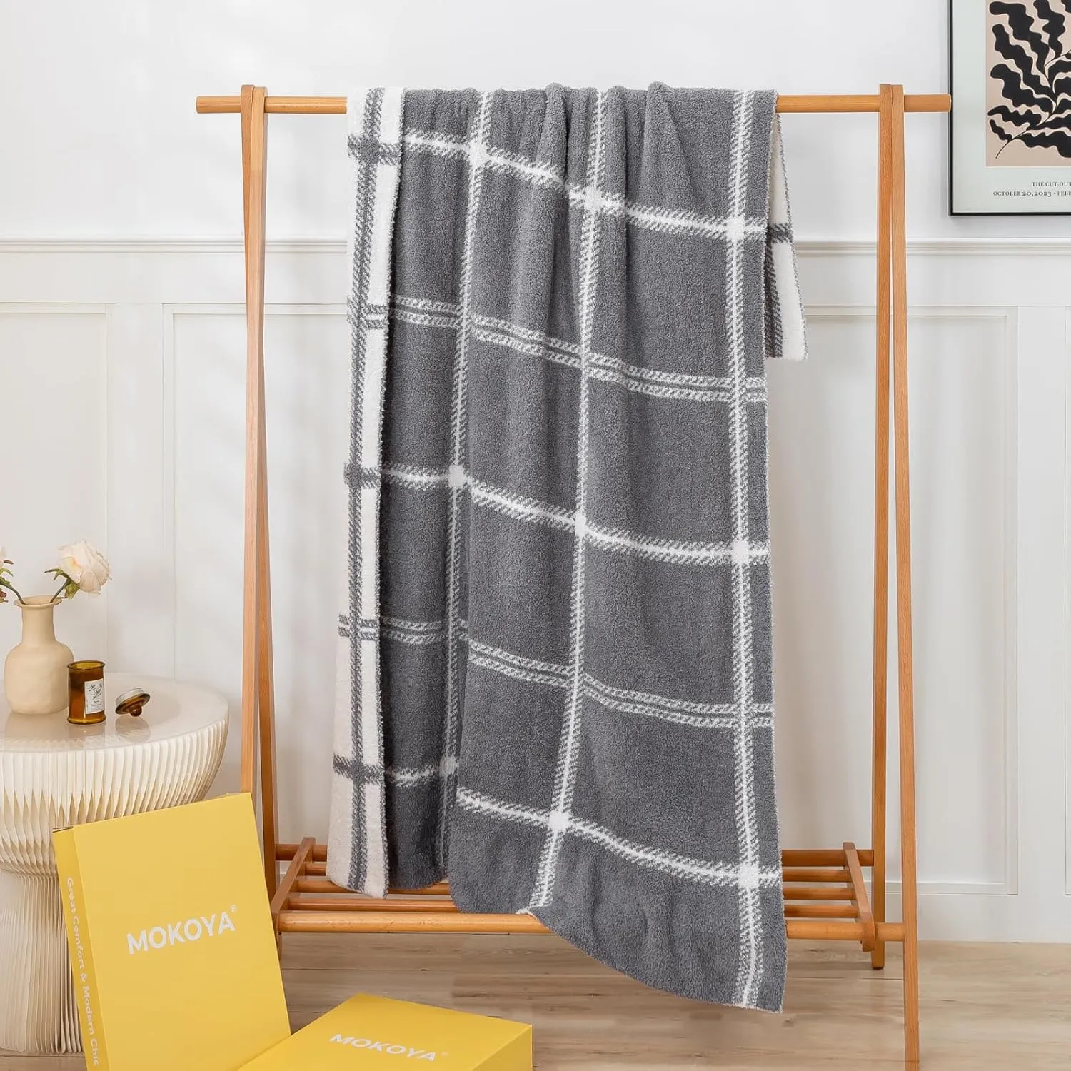 Mokoya Super Soft Plaid Checkered Blanket 50"x70", Lightweight Fluffy Throw for Couch, Bed, Fuzzy Plush Double-Sided Knit Blanket, Modern Aesthetic Cozy Bed Spread, Grey, Gifts for Women, Men