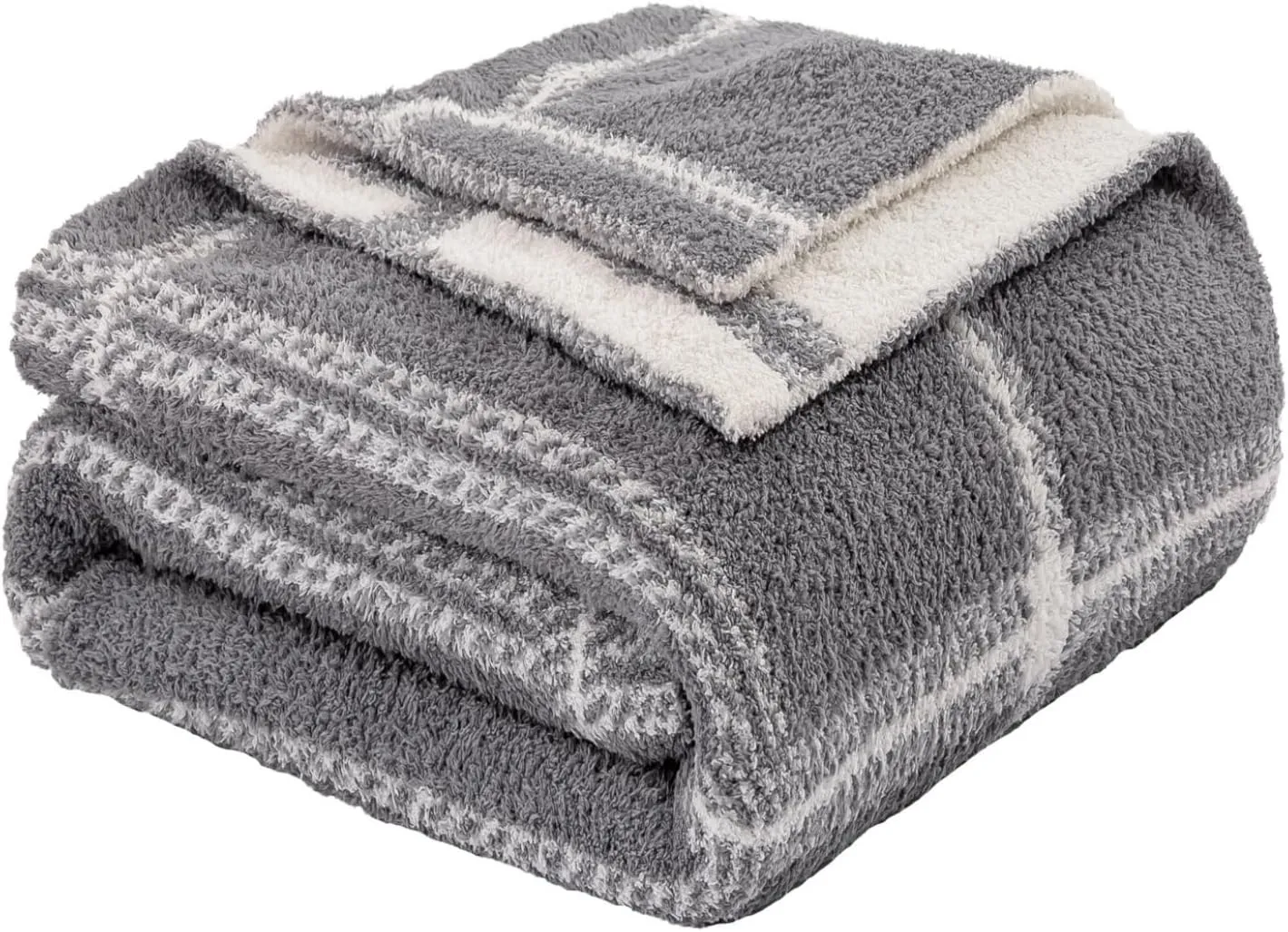 Mokoya Super Soft Plaid Checkered Blanket 50"x70", Lightweight Fluffy Throw for Couch, Bed, Fuzzy Plush Double-Sided Knit Blanket, Modern Aesthetic Cozy Bed Spread, Grey, Gifts for Women, Men