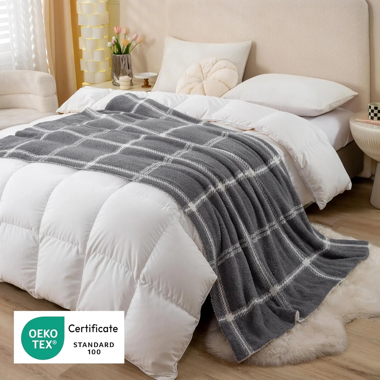 Mokoya Super Soft Plaid Checkered Blanket 50"x70", Lightweight Fluffy Throw for Couch, Bed, Fuzzy Plush Double-Sided Knit Blanket, Modern Aesthetic Cozy Bed Spread, Grey, Gifts for Women, Men