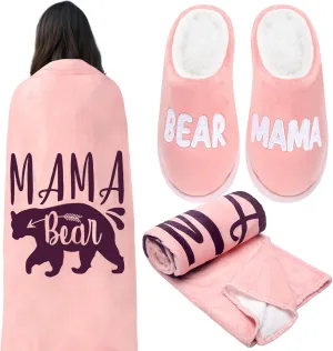 Mom Mother's Day Gift 2 Pcs Mama Bear Buffalo Plaid Wearable Blanket Hoodie Mama Bear House Slippers Gifts for Mom Women Wife Birthday from Son Husband
