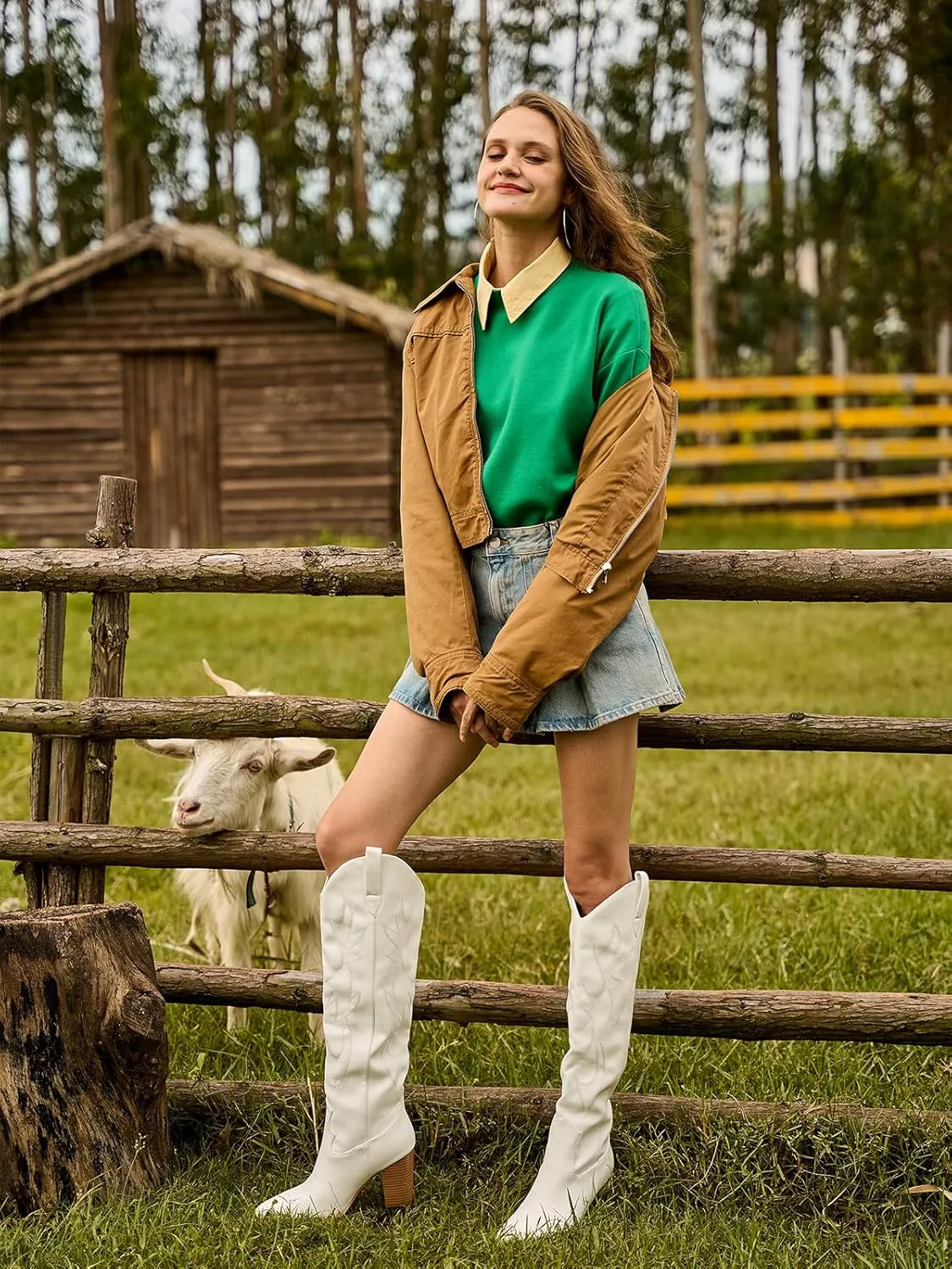 Mostrin Cowgirl Boots for Women Embroidered Cowboy Boots Pointed Toe Knee High Boots Chunky Block Heel Pull On Tall Western Boot for Ladies