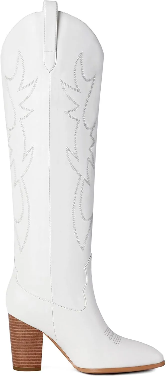 Mostrin Cowgirl Boots for Women Embroidered Cowboy Boots Pointed Toe Knee High Boots Chunky Block Heel Pull On Tall Western Boot for Ladies