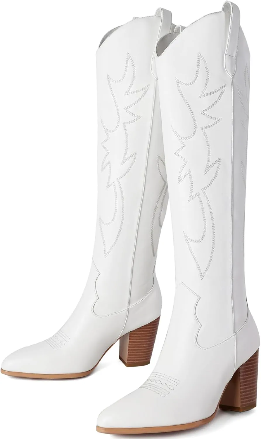 Mostrin Cowgirl Boots for Women Embroidered Cowboy Boots Pointed Toe Knee High Boots Chunky Block Heel Pull On Tall Western Boot for Ladies