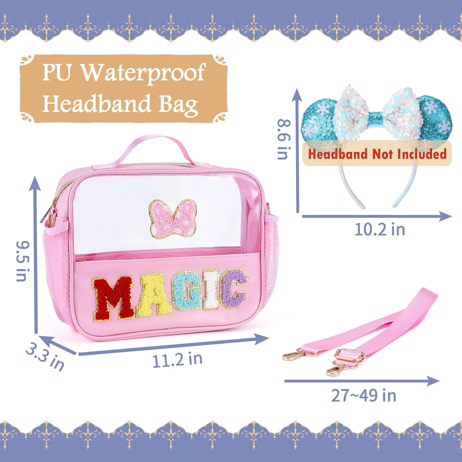 Mouse Ears Bag Ear Holder Chenille Letter Headband Holder with Shoulder Strap Park Essentials Travel Case for Girl Women Kids