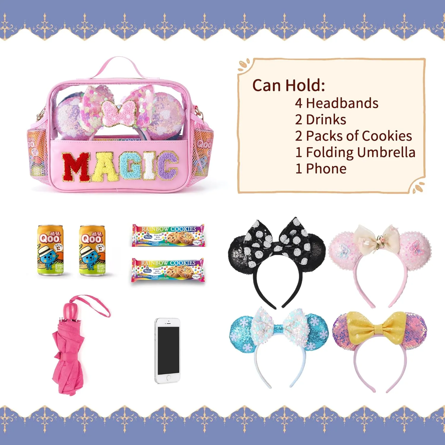 Mouse Ears Bag Ear Holder Chenille Letter Headband Holder with Shoulder Strap Park Essentials Travel Case for Girl Women Kids