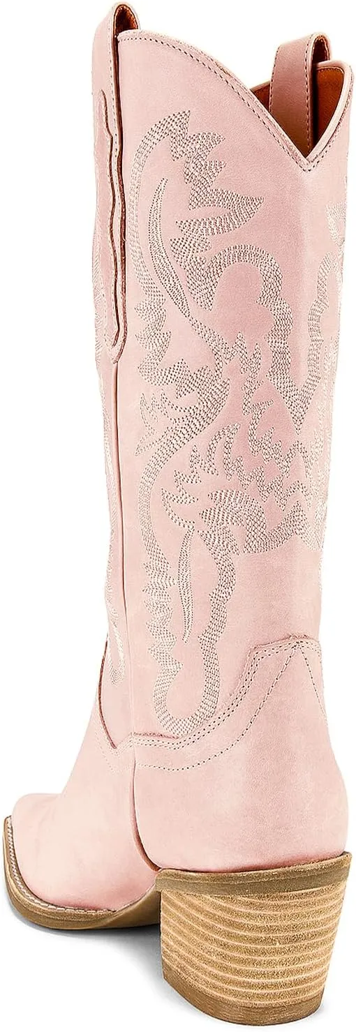 MUCCCUTE Women's Cowgirl Boots Embroidered Cowboy Boots Chunky Block Heel Western Boots Vintage Wide-calf Boots