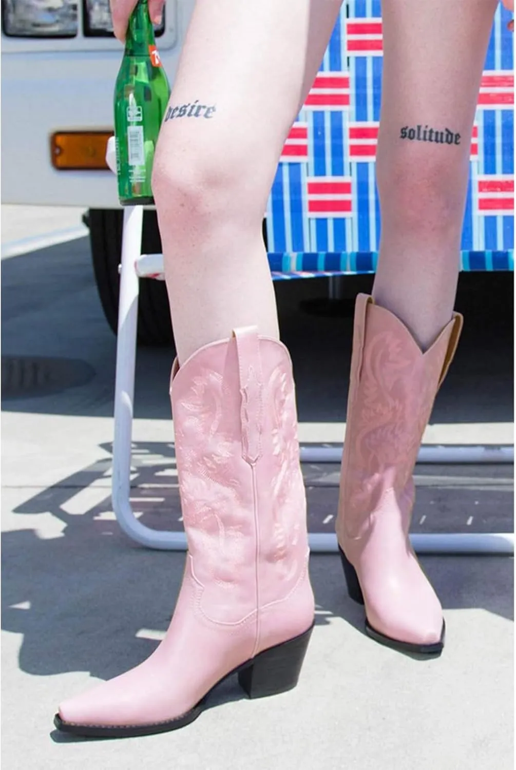 MUCCCUTE Women's Cowgirl Boots Embroidered Cowboy Boots Chunky Block Heel Western Boots Vintage Wide-calf Boots