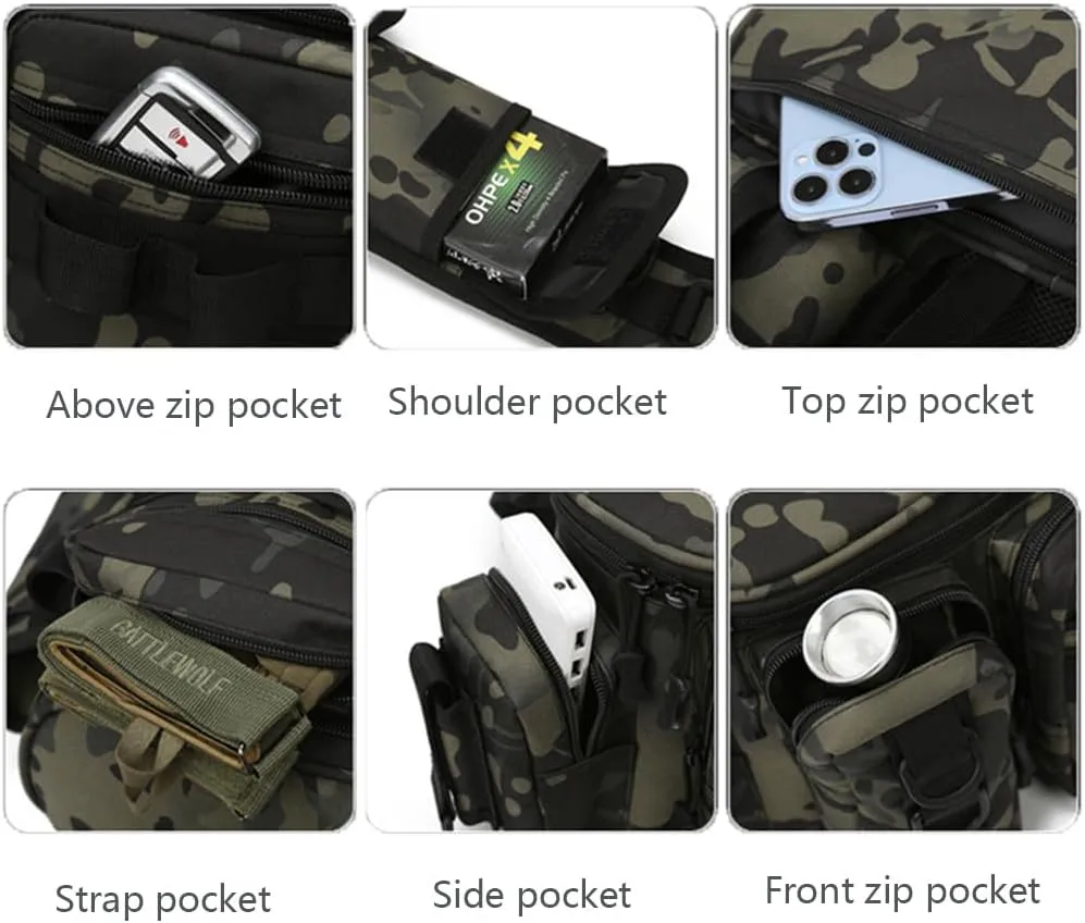 Multifunctional Fishing Tackle Bag Lightweight Waterproof Crossbody Shoulder Pack with Rod Holder for Fly Fishing, Camping, and Hiking (Grey Camouflage)
