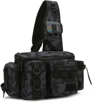 Multifunctional Fishing Tackle Bag Lightweight Waterproof Crossbody Shoulder Pack with Rod Holder for Fly Fishing, Camping, and Hiking (Grey Camouflage)