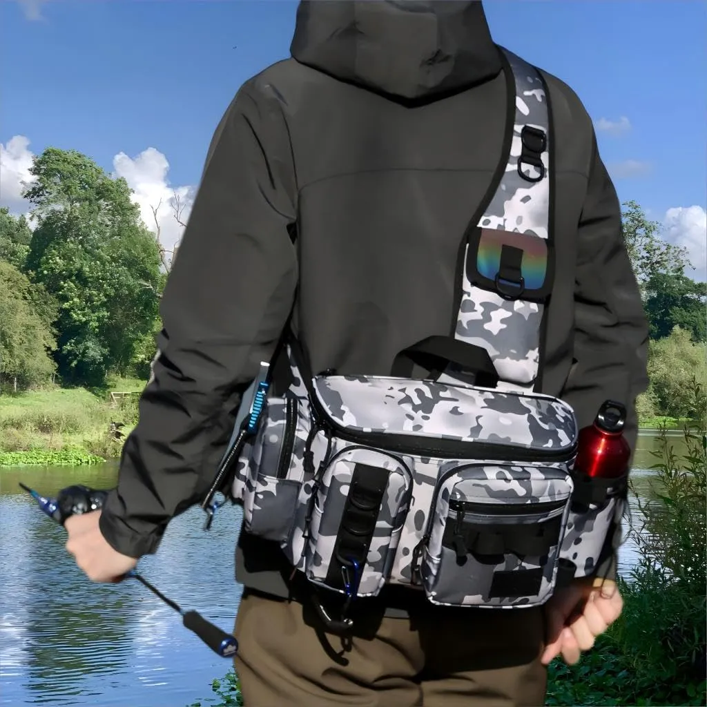 Multifunctional Fishing Tackle Bag Lightweight Waterproof Crossbody Shoulder Pack with Rod Holder for Fly Fishing, Camping, and Hiking (Grey Camouflage)
