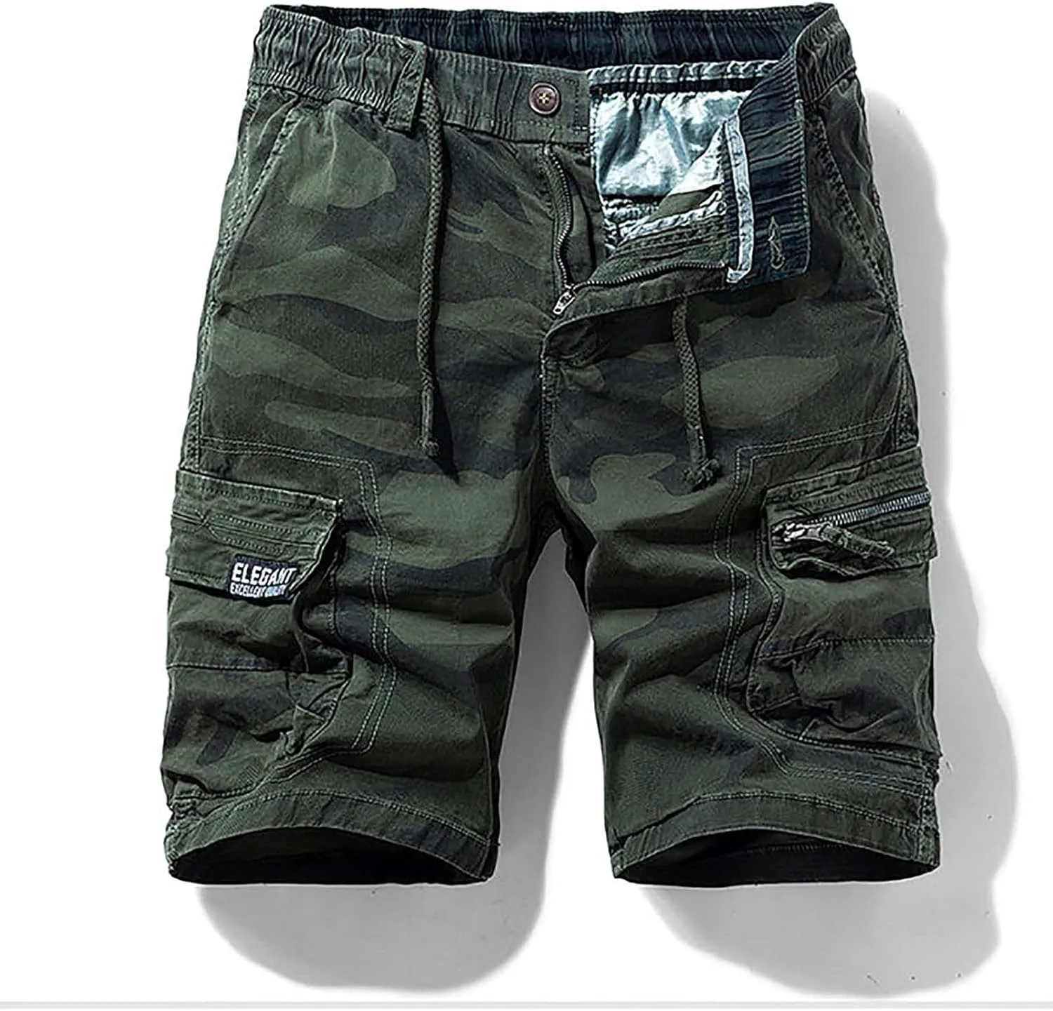 Muscularfit Men Shorts Casual Drawstring Elastic Waist Camouflage Cargo Shorts Cotton Multi Pockets Solid Camo Tooling Shorts