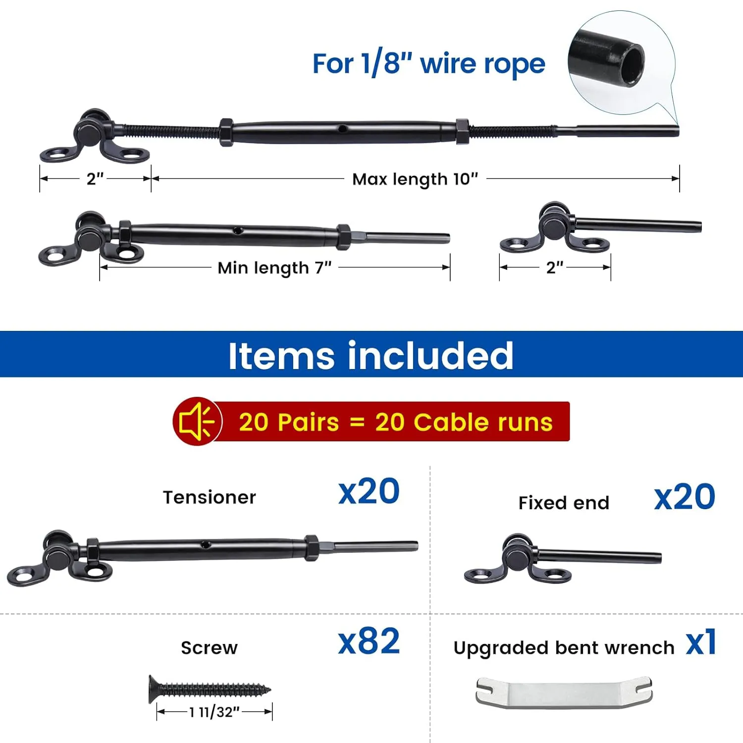 Muzata 20 Pairs 1/8" Black Cable Railing Hardware Kit Swage Toggle Turnbuckle for Wood Post T316 Stainless Steel Deck Cable Railing System Angle 180° Adjustable Stairs 40 Pack CK07