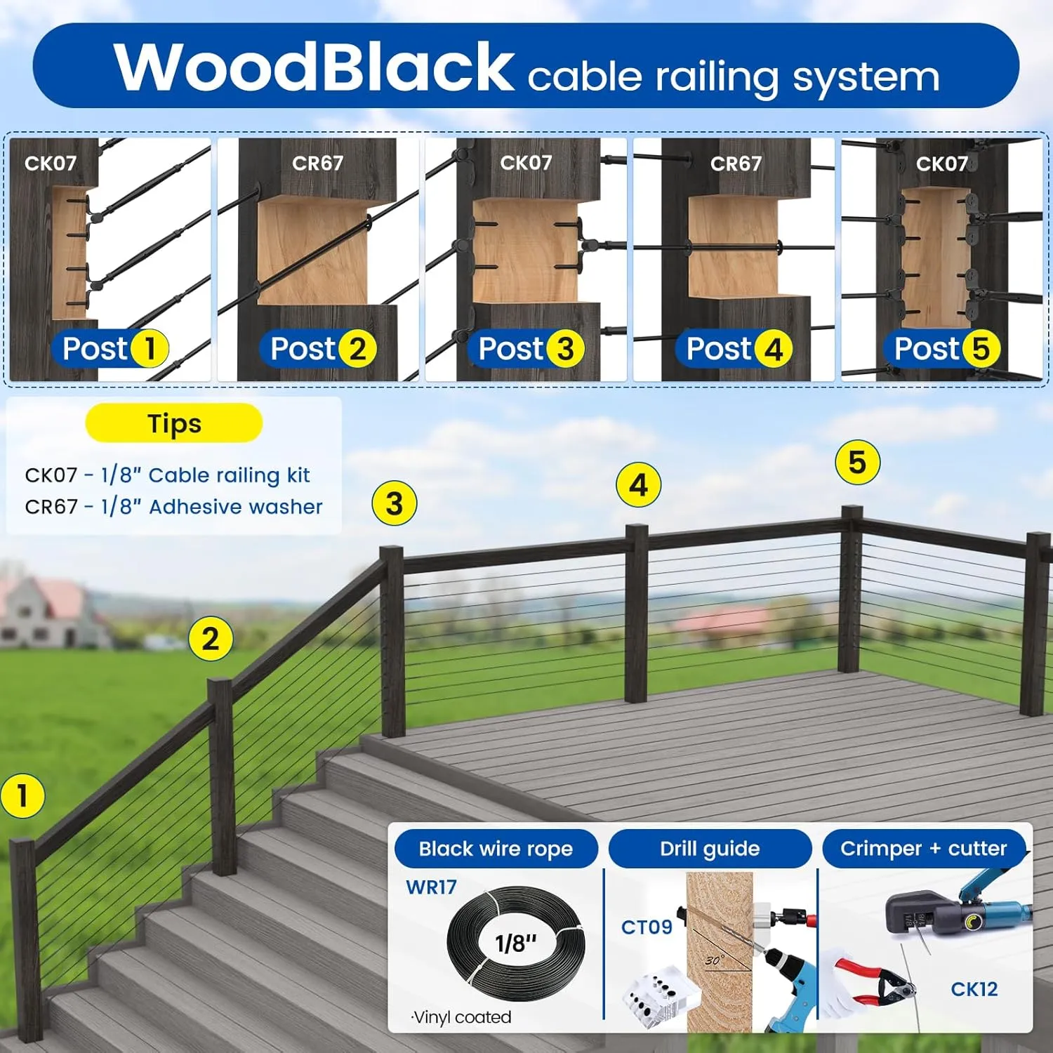 Muzata 20 Pairs 1/8" Black Cable Railing Hardware Kit Swage Toggle Turnbuckle for Wood Post T316 Stainless Steel Deck Cable Railing System Angle 180° Adjustable Stairs 40 Pack CK07