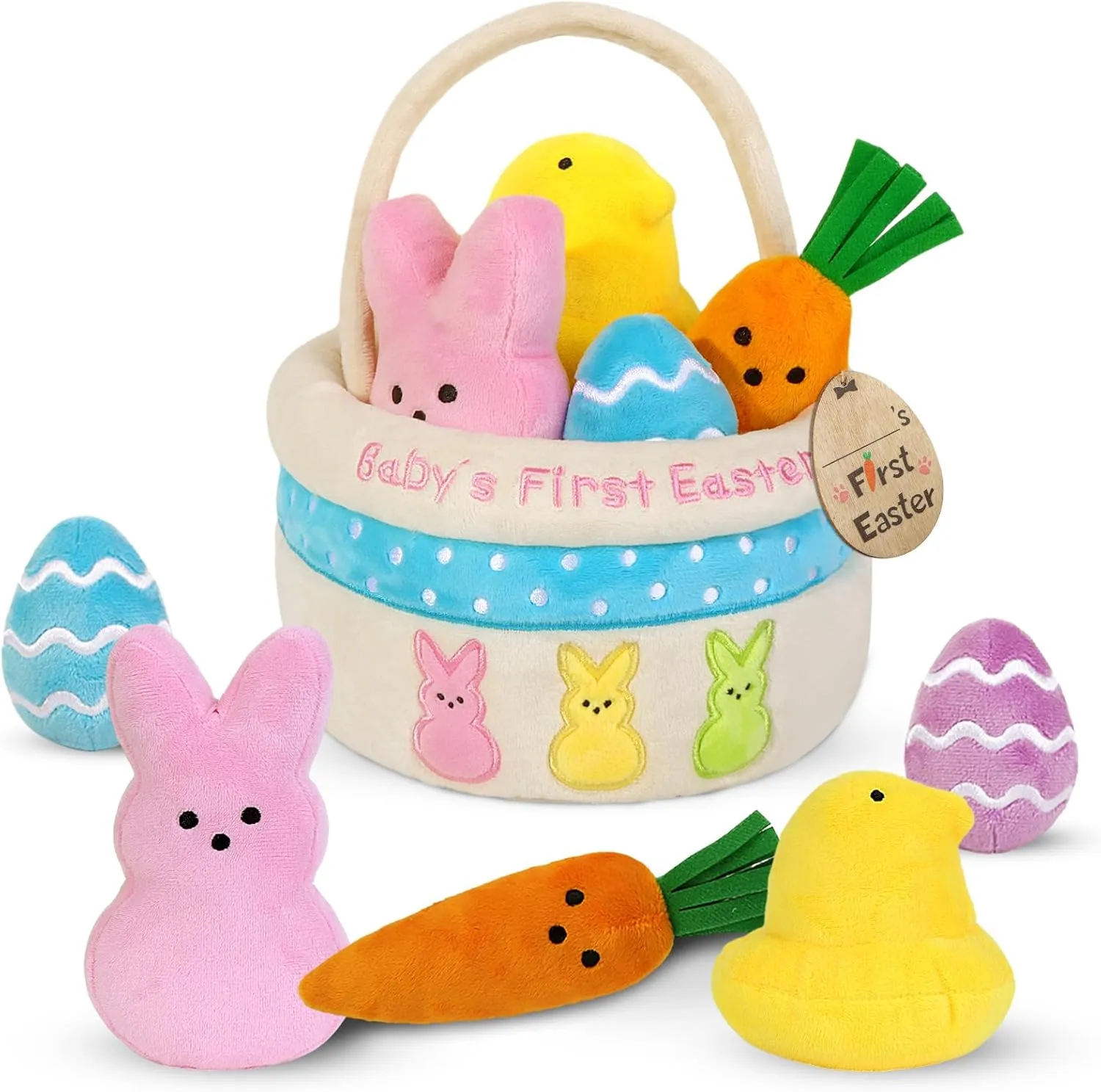 My First Easter Basket Stuffers for Babies, 6ct Personalized Baby's First Easter Basket Playset, Peep Bunny Chick Carrot Egg Gifts for Infants Boys Girls Kids Toddlers